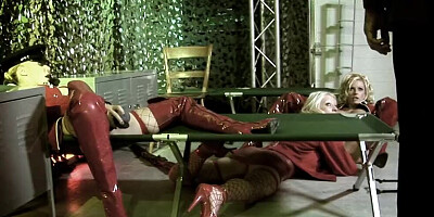 Three dirty babes and guys are fucking under the tent