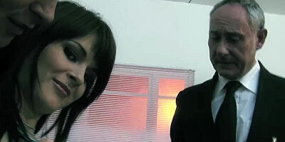 Busty brunette Kristi Klenots blows two guys and gets double dicked
