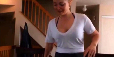 Amateur blonde MILF is filmed by stepson while riding his cock