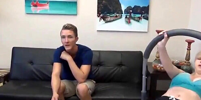 Busty blonde cougar blows stepson and rides his hard dick