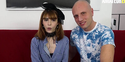 Bald guy nails this hot petite teen on the couch