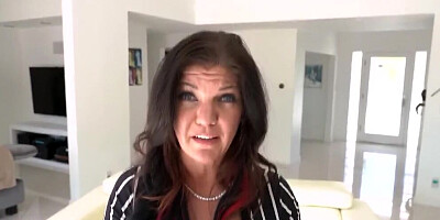 Busty brunette mom shakes big tits while riding son's friend