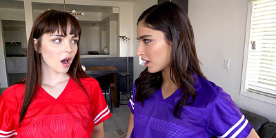 Watching the game with two petite horny teen sluts