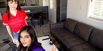 Watching the game with two petite horny teen sluts
