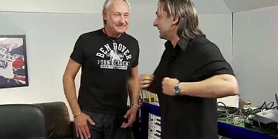 Depraved blonde is stripped naked and fucked by two guys