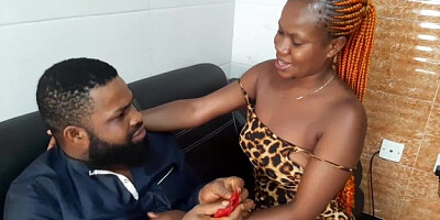 Horny black couple is making out and fucking on the couch