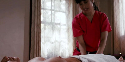 Asian masseuse and her white client have lesbian sex after a gentle body rubbing