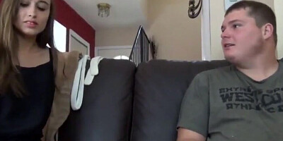 Chubby guy is getting a blowjob and bangs a pussy of a petite brunette