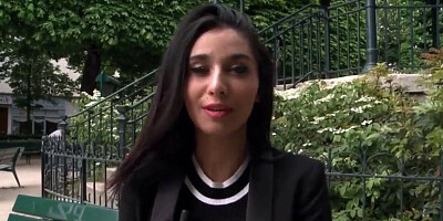 Naughty brunette gal in purple fishnets surrendered her cunny for pounding after a BJ