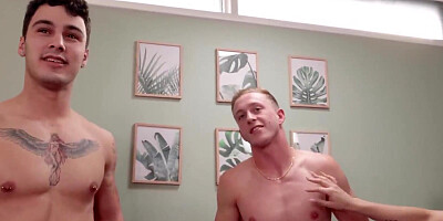 Two muscled guys are fucking one slutty brunette in this 3way