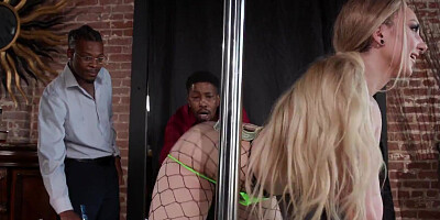 Blonde stripper in fishnets is getting banged by endowed black dudes