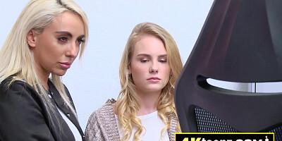 Lucky officer is getting a blowjob from two slutty blonde babes in his office