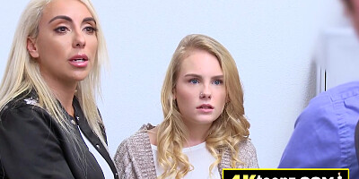 Lucky officer is getting a blowjob from two slutty blonde babes in his office