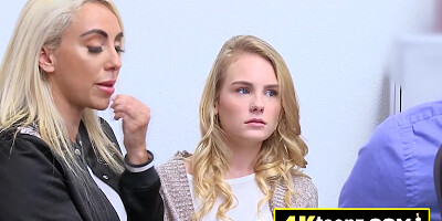 Lucky officer is getting a blowjob from two slutty blonde babes in his office