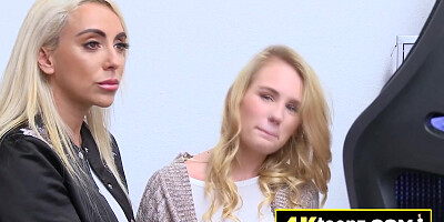 Lucky officer is getting a blowjob from two slutty blonde babes in his office
