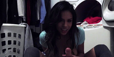 Guy is lured into the laundry room where he fucks the hot Latina