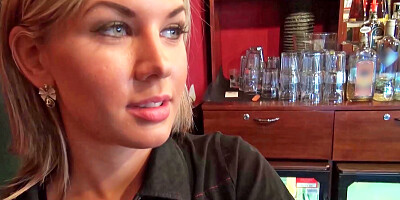 Slutty barmaid is working after hours with a guy