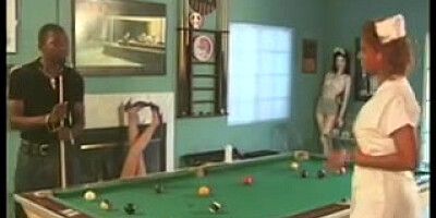Handsome dark-hued nurse prostitute penetrates yam-sized dark-hued beef whistle on the pool table