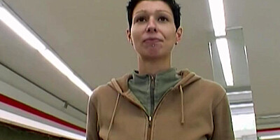 Dark haired German slut eating all the cum from a long cock