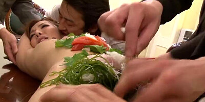 Naughty Chinese babe gets her hairy cunt teased in a gangbang