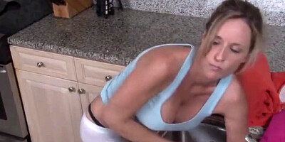 Busty blonde bends over to get stepson's cock in the kitchen