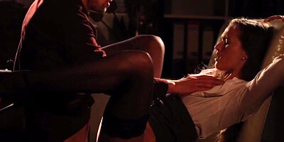 Passionate intercourse between a well-hung stallion and young babe in black stockings