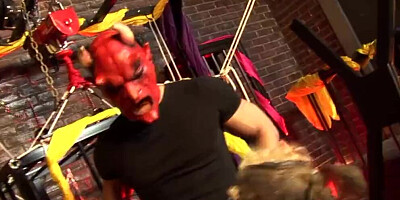 A masked man gives the blonde milfs with big boobs the anal threesome they have been begging for
