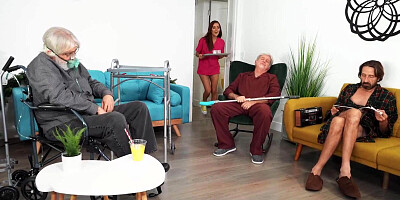 Young couple is having intense banging session in front of old men