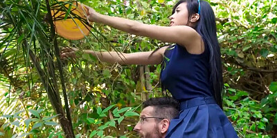 Tiny Asian stepdaughter checks out big daddy's cock
