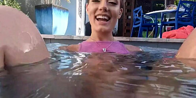 Gorgeous babe sucks and rides a hard cock by the pool