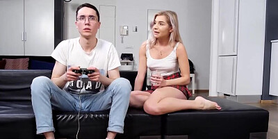 Blonde schoolgirl blows her stepbrother and rides his hard cock