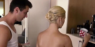 Depraved blonde cougar is taking stepson's cock through hole on her pantyhose