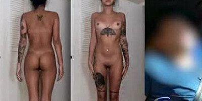 Adorable brunette is masturbating her pussy with a magic wand on a nude casting