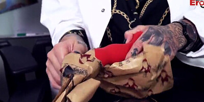 Inked German cooze has her legs spread apart and vigorously masturbating