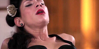 Elegant lady Rachel Evans wears her favorite black outfit for a sensual lovemaking session