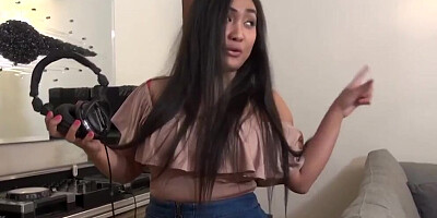 Lovely babe is riding her stepbrother's hard pecker on the couch