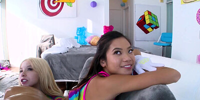 Petite young harlots are engaged in the act of lesbian rimming before enjoying ass fucking