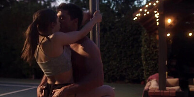 Brunette enjoying hot public pussy fucking with her hung muscly lover at the tennis court