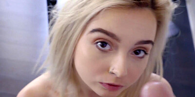 Blonde teen girl blows her mommy's new boyfriend when she's not watching