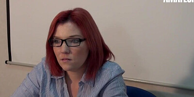 Classy office redhead with glasses dicked down on a desk