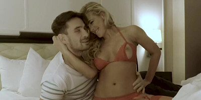 Busty blonde in hot lingerie moaning and screaming from pleasure while pussy fucking her lover