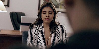 Adorable brunette babe with big boobs is sucking off and banging an endowed stallion