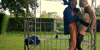 Busty MILF Alexis Fawx jumps on a hard cock in the garden
