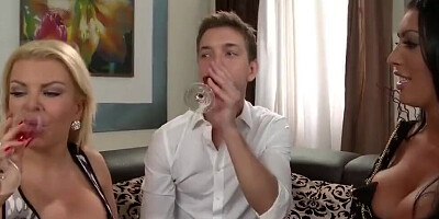 Two slutty MILFs are all over that lucky guy in a 3some