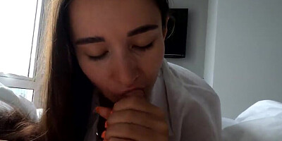 Every morning the teen lady is practicing her blowjob skills on the long shaft