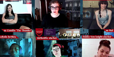 Girlbot Div, Roxxie Moth, RickyxxxRails, Dahlia Von Knight, Lilly Demona, and Jane Judge in Monsters U RPG Table Top Role Play Game in Hell for Monster Fuckers and Roleplay Enthusiasts Final Series for Spooky Actual Play Game in Homebrew Universe