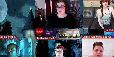 Girlbot Div, Roxxie Moth, RickyxxxRails, Dahlia Von Knight, Lilly Demona, and Jane Judge in Monsters U RPG Table Top Role Play Game in Hell for Monster Fuckers and Roleplay Enthusiasts Final Series for Spooky Actual Play Game in Homebrew Universe