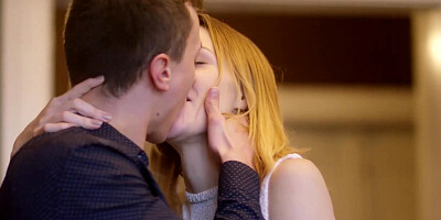 Blonde teen gets her sex daddy into mood for fucking and receives his hard cock