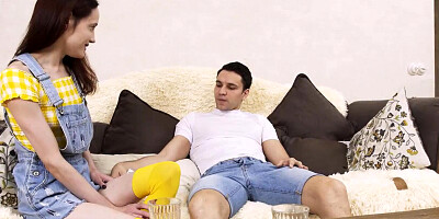 SISPORN. Bimbo redhead loses bet and has to suck and ride stepbros dick