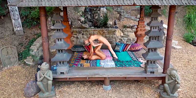 Two lesbian girls are demonstrating how does naked yoga session should look like